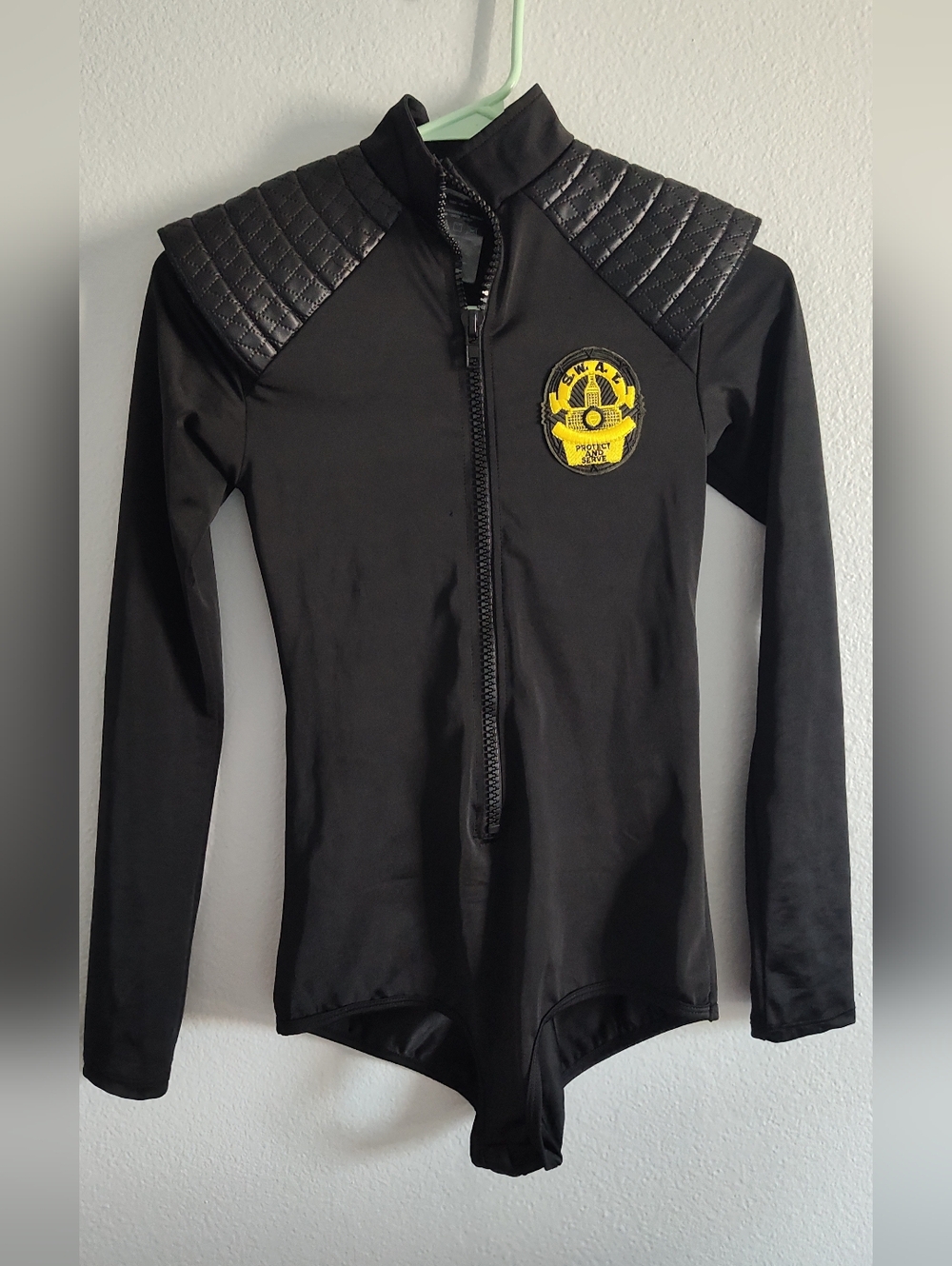 Leg Avenue Black Quilted-Shoulder Zip Front Bodysuit Romper XS Costume Swat